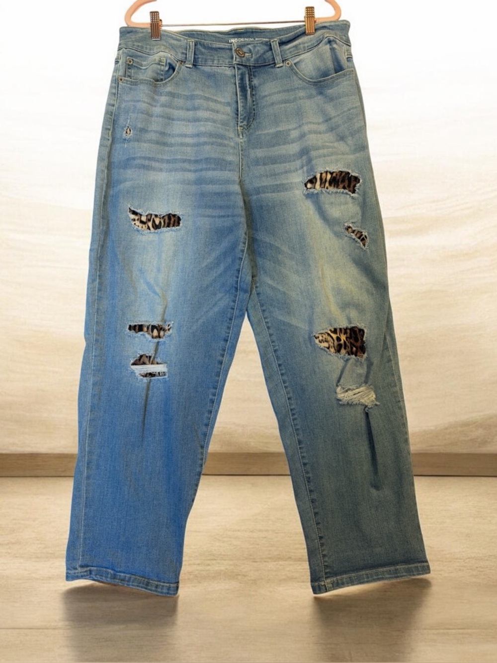 INC International Concepts Light Blue Boyfriend Jeans with Leopard Patch